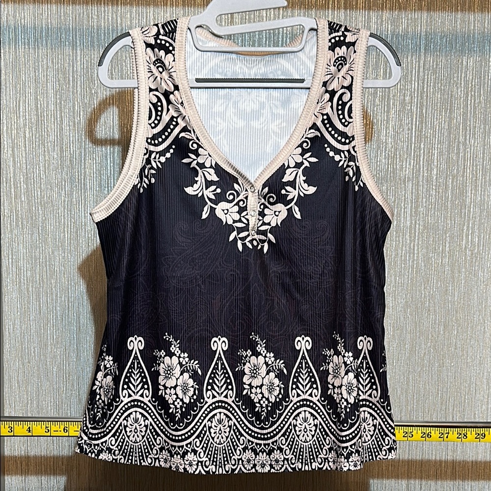 NWOT- Elegant Black and Cream Floral Women's Top